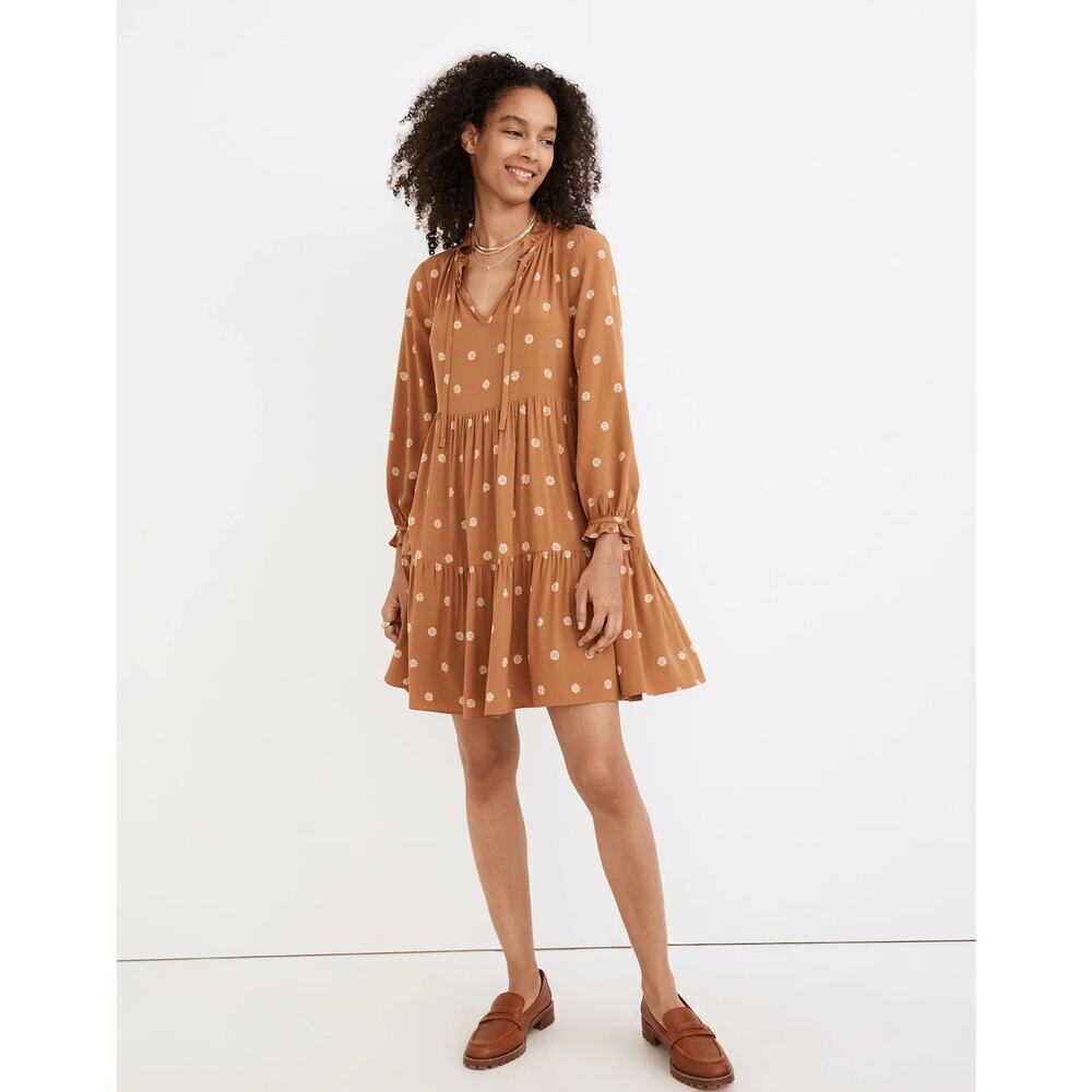 Madewell Womens V-Neck Long Sleeve Ruffle Tiered Western Boho Mini Dress Size XS